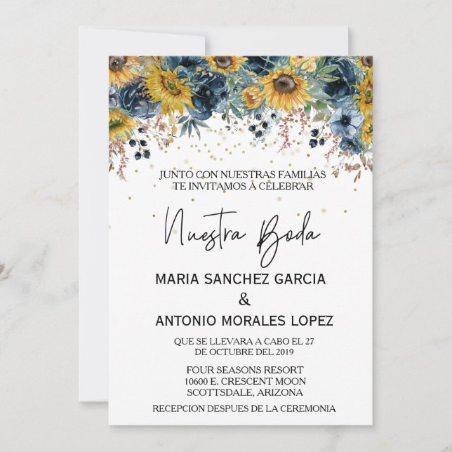 Spanish Wedding Nuestra Boda Blue Sunflower  Invitation (Front)