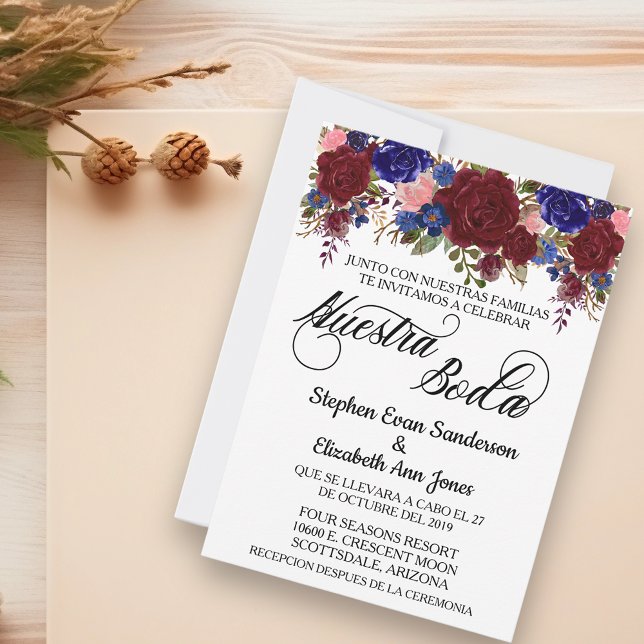 Spanish Wedding Rose Burgundy Navy Nuestra Boda Invitation (Creator Uploaded)