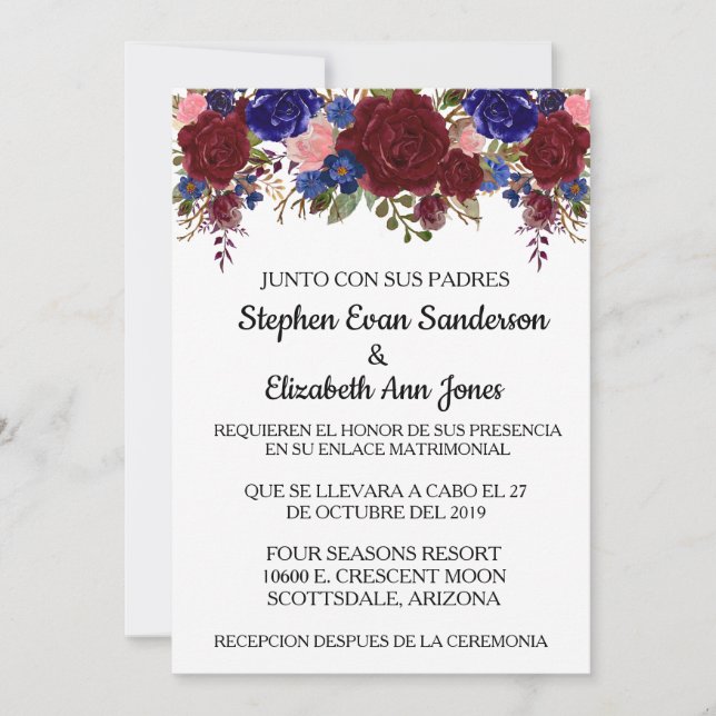 Spanish Wedding Rose Burgundy Navy Watercolor Invitation (Front)