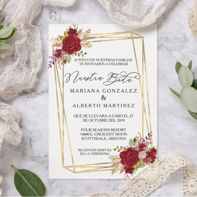 Spanish Wedding Rose Burgundy  Nuestra Boda Gold Invitation (Creator Uploaded)