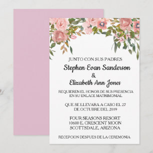 Spanish Wedding Rose Pink Rosa Blush Watercolor Invitation