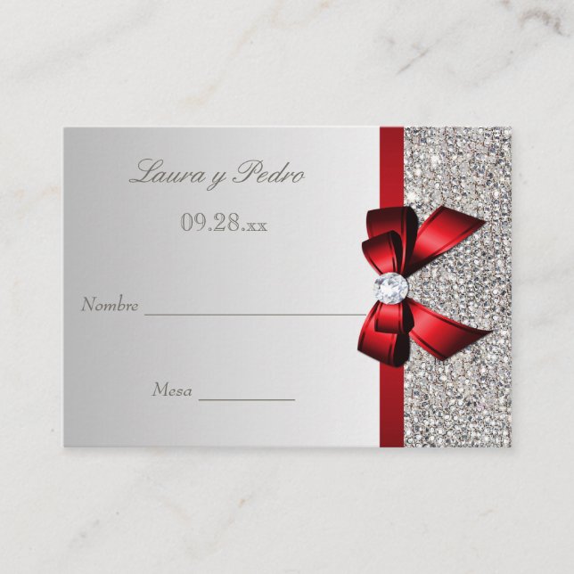 Spanish Wedding Silver Sequin Red Bow Seating Card (Front)