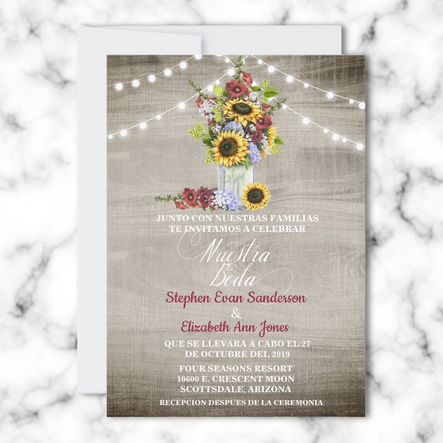 Spanish Wedding Sunflower Burgundy Nuestra Boda Invitation (Creator Uploaded)
