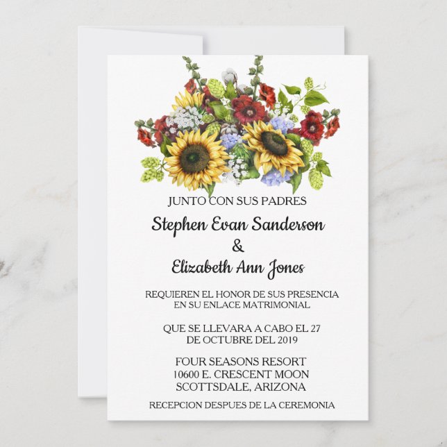Spanish Wedding Sunflower Burgundy Rustic Invitation (Front)