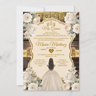 Spanish White Cream Floral Wood Mis Quince Invitation