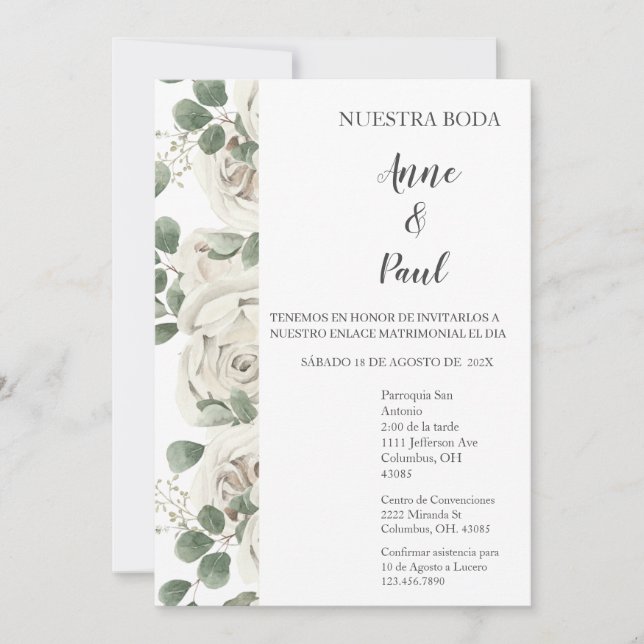 Spanish White Flower Wedding Invitation (Front)