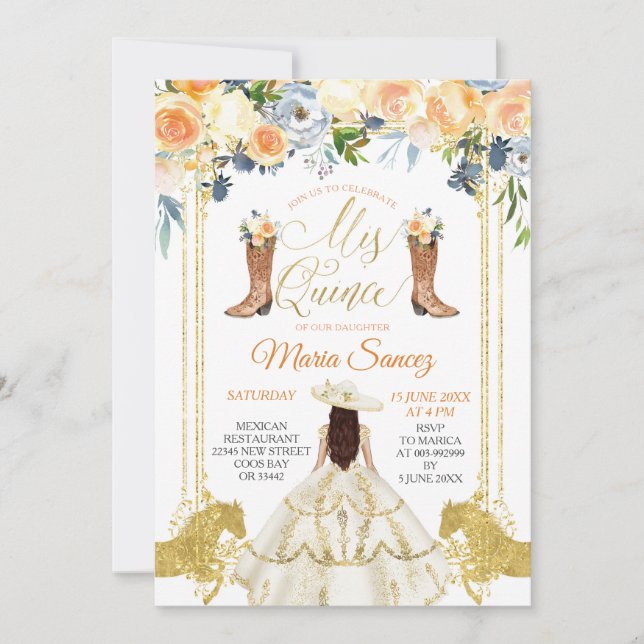 Spanish White Gold Western Boots Quinceañera Invit Invitation (Front)