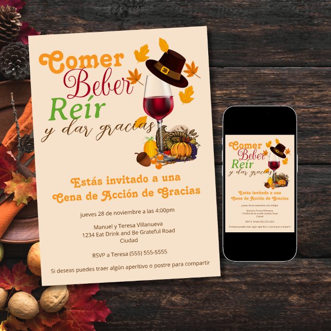 Spanish Wine Glass Eat Drink Thanksgiving Dinner Invitation (Creator Uploaded)