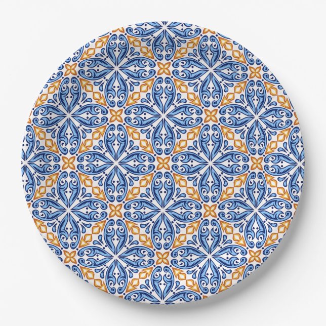 Spanish Yellow Blue Tile mediterranean wedding Paper Plate (Front)