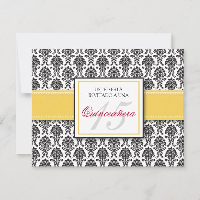 SPANISH Yellow Damask Quinceañera Invitación Invitation (Front)