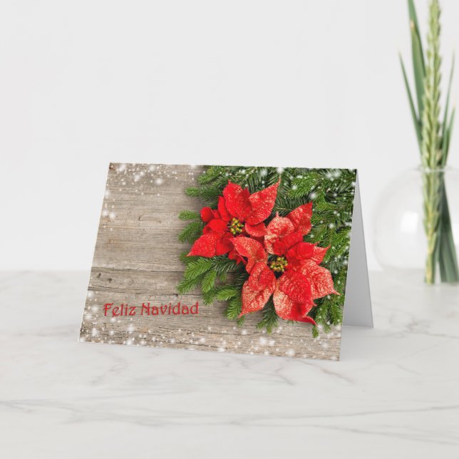 Spanishn Christmas - Christmas tree, Poinsettia Holiday Card (Front)