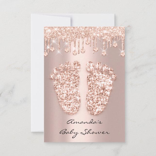 Spark Crystals Drips Rose Gold  Baby Shower Feet Invitation (Back)