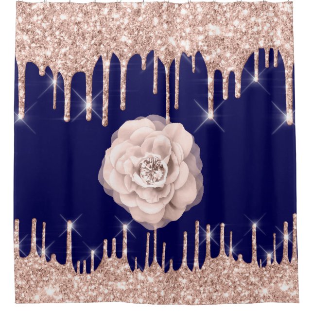 Spark Drips Glitter Diamond Blush Navy Rose Flower Shower Curtain (Front)