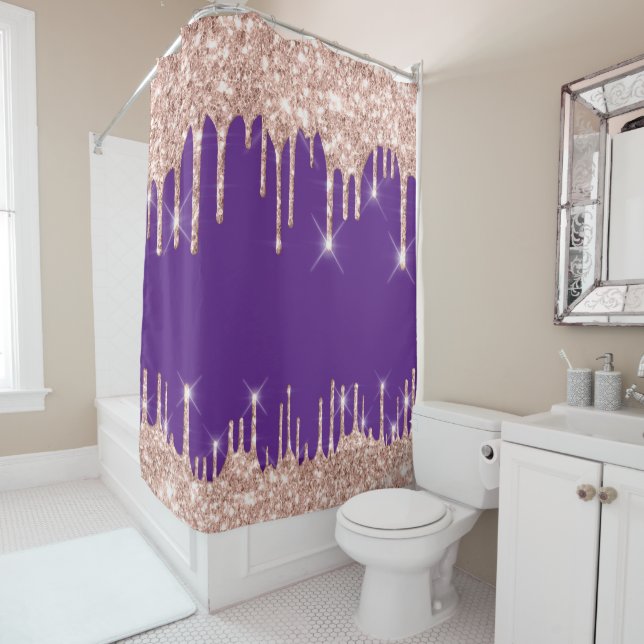 Spark Drips Glitter Effect Black Rose Gold Purple Shower Curtain (In Situ)