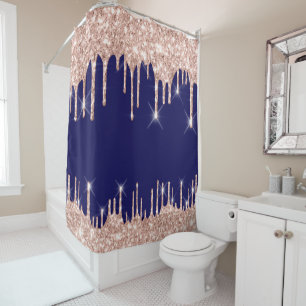 Spark Drips Glitter Effect Blue Navy Rose Gold Shower Curtain