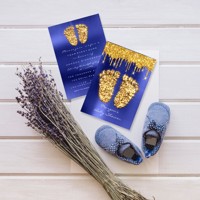 Spark Drips Gold Royal Blue Baby Shower Feet Boy Invitation (Creator Uploaded)