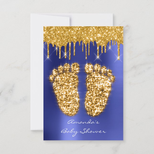 Spark Drips Gold Royal Blue Baby Shower Feet Invitation (Back)