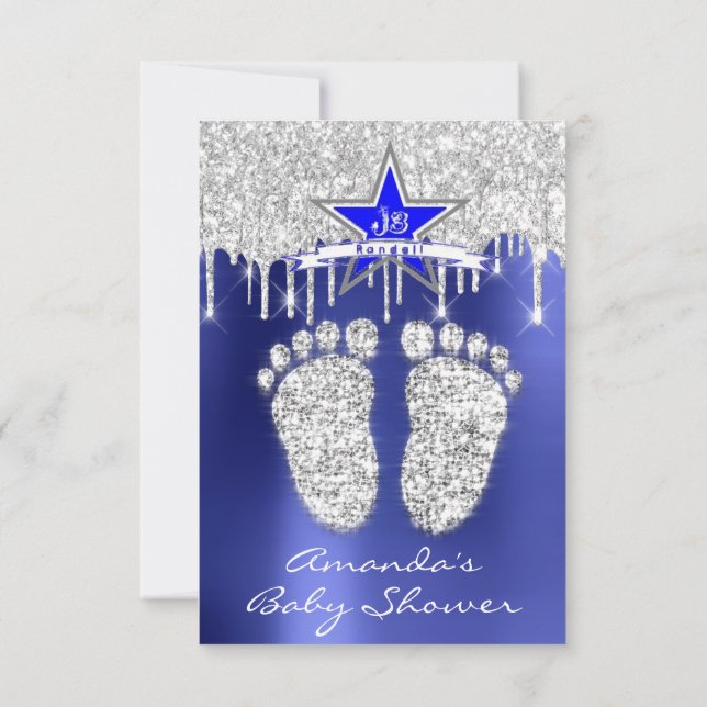 Spark Drips Silver Royal Blue Baby Shower Feet Invitation (Back)