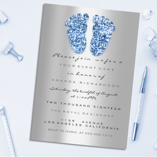 Spark Glitter Baby Shower Feet Blue Silver Invitation (Creator Uploaded)