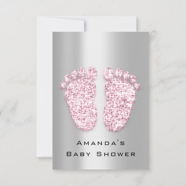 Spark Glitter Baby Shower Feet Pink Grey  Silver Invitation (Back)