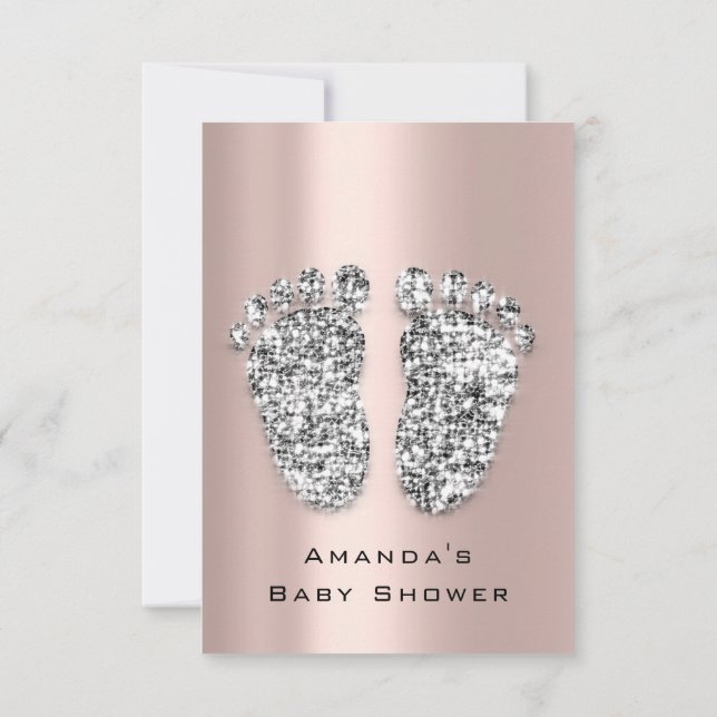 Spark Glitter Baby Shower Feet Rose Grey Girl Boy Invitation (Back)