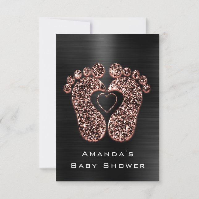 Spark Glitter Baby Shower Feet Rose Skin Black Invitation (Back)