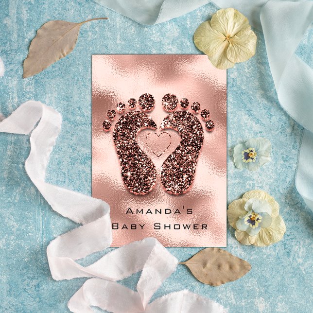 Spark Glitter Baby Shower Feet Rose Skin Glam VIP Invitation (Baby Shower New Girl Boy Feet Glam Rose Blush3D Invitation)