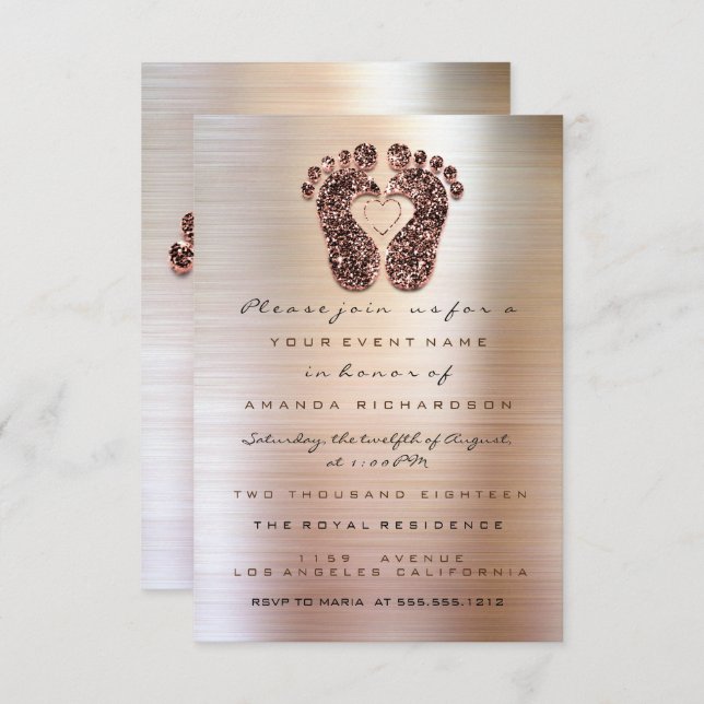 Spark Glitter Baby Shower Feet Rose Skinny Lux Invitation (Front/Back)