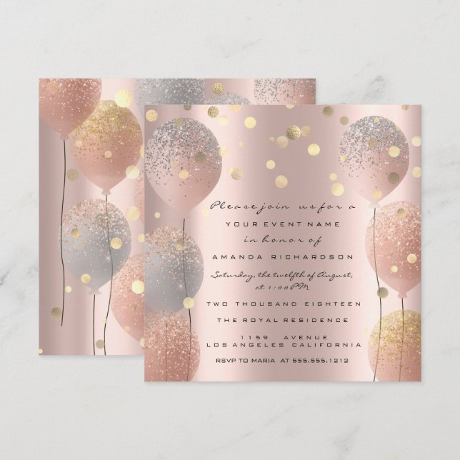 Spark Glitter Balloon Rose Gold  Bridal Sweet 16th Invitation (Front/Back)