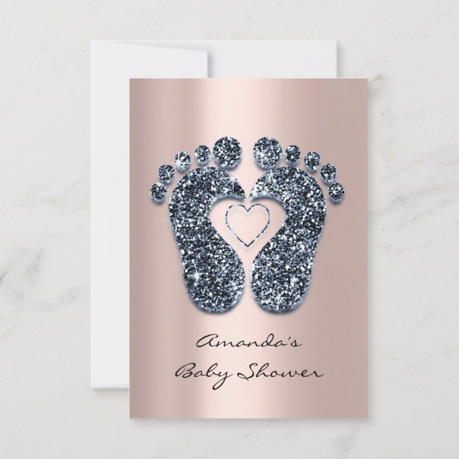 Spark Glitter Blush  Rose   Baby Shower Feet Teal Invitation (Back)