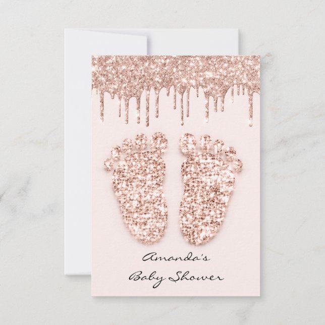 Spark Glitter Drips Rose Baby Shower Girl Boy Feet Invitation (Back)