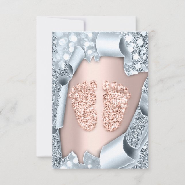 Spark Glitter Drips Rose Blue  Baby Shower Feet Invitation (Back)