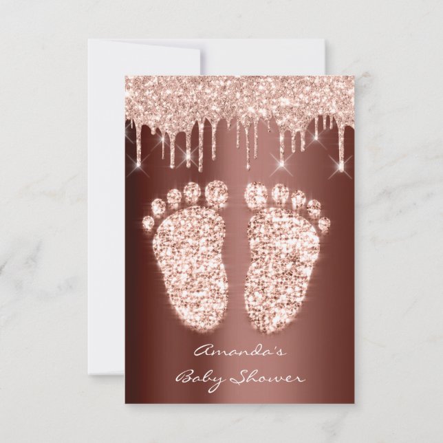 Spark Glitter Drips Rose Brown Baby Shower Feet Invitation (Back)