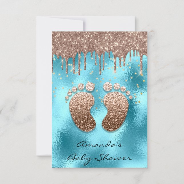 Spark Glitter Drips Rose Gold Baby Shower Blue Invitation (Back)