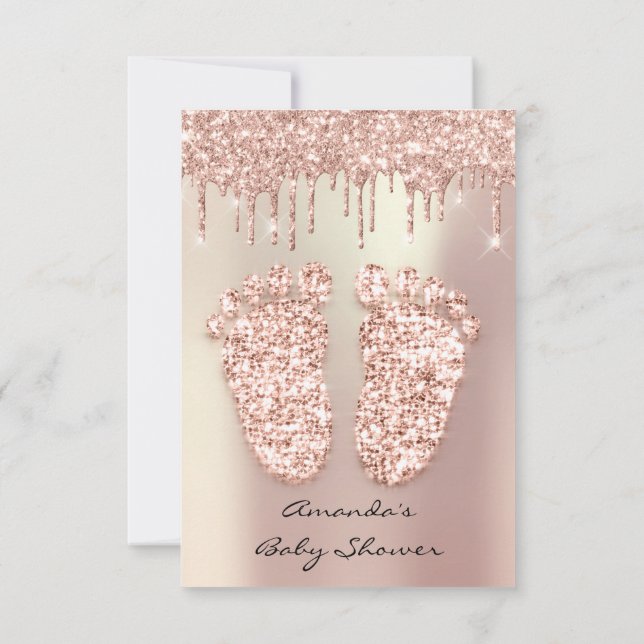 Spark Glitter Drips Rose Gold GreyBaby Shower Feet Invitation (Back)