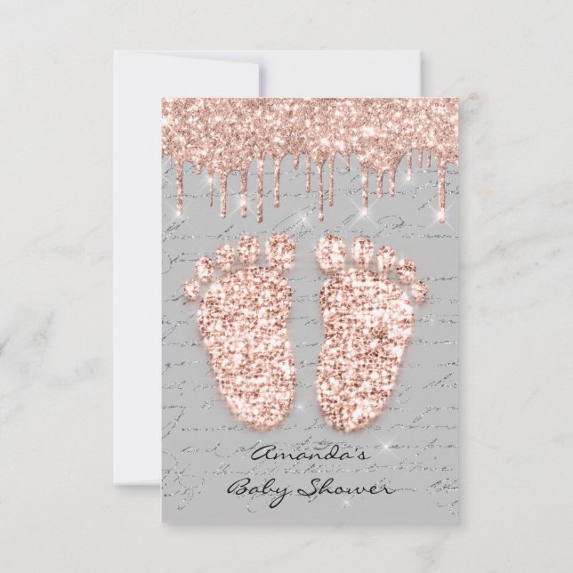 Spark Glitter Drips Rose Grey  Baby Shower Feet Invitation (Back)