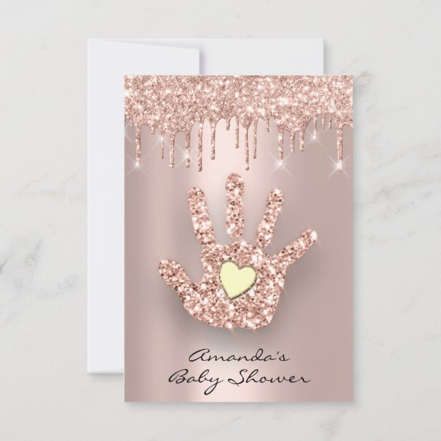 Spark Glitter Drips Rose Heart Baby Shower Hand Invitation (Back)