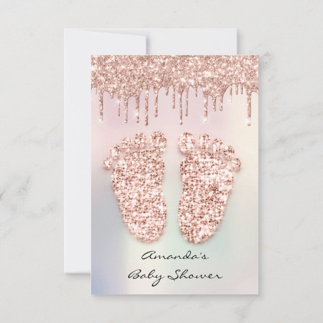 Spark Glitter Drips Rose Pastel Baby Shower Feet Invitation (Back)