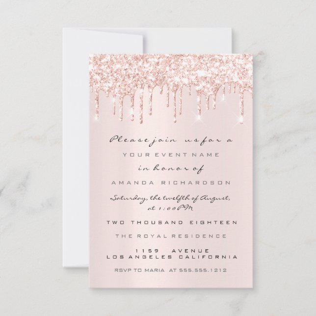 Spark Glitter Drips Rose Pink  Bridal Sweet 16th Invitation (Front)