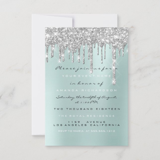 Spark Glitter Drips Silver Aqua  Bridal Sweet 16th Invitation (Front)