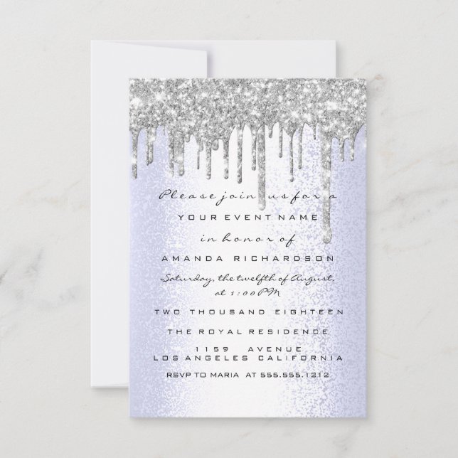 Spark Glitter Drips Silver Blue Bridal Sweet 16th Invitation (Front)
