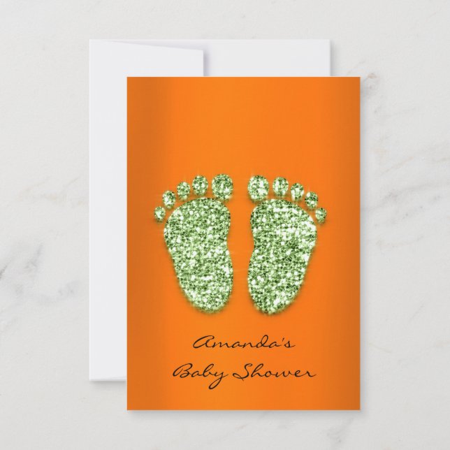 Spark Glitter Orange Mint Green Baby Shower Feet Invitation (Back)