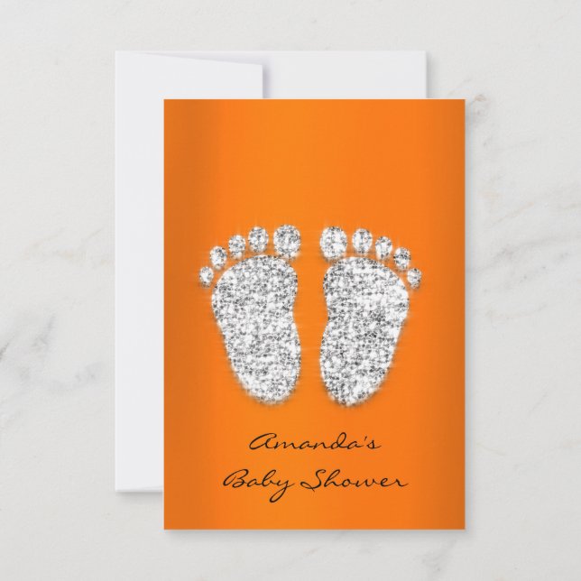 Spark Glitter Orange Silver Baby Boy Shower Feet Invitation (Back)