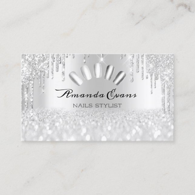 Spark Glitter Silver Grey Nails Artist Drips Appointment Card (Front)