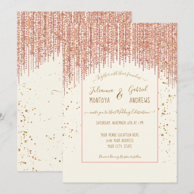  Sparking Glitter Ivory Rose GoldWedding Invite (Front/Back)