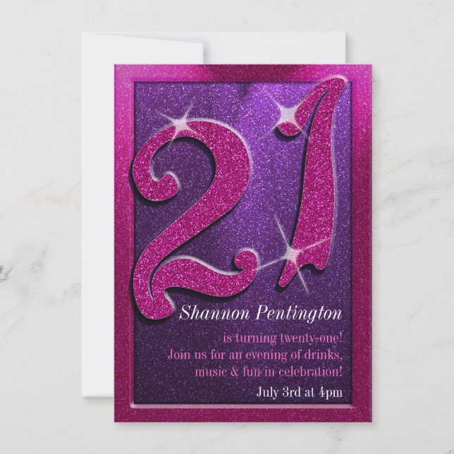 Sparkle 21st Pink and Purple Birthday Invitations (Front)