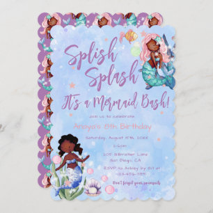 Sparkle African American Mermaid Bash Birthday Invitation