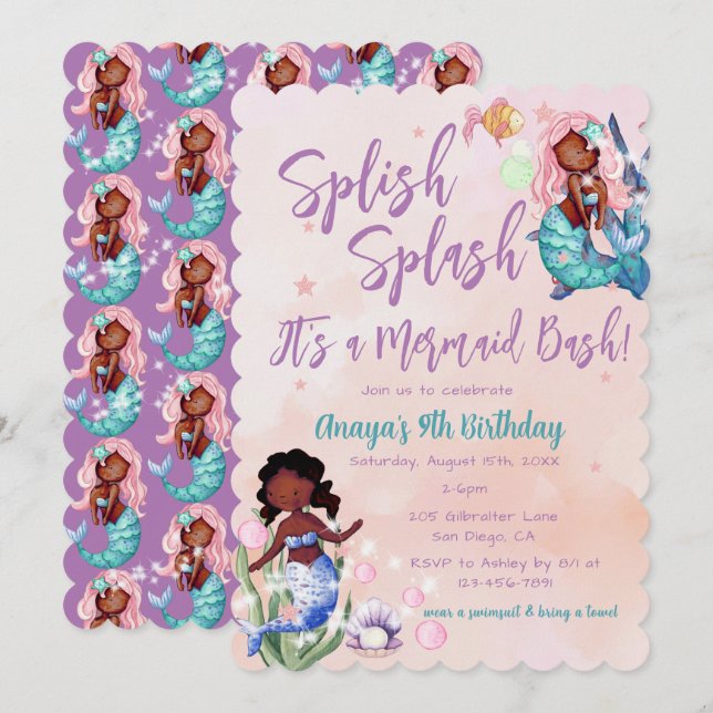 Sparkle African American Mermaid Bash Birthday  Invitation (Front/Back)