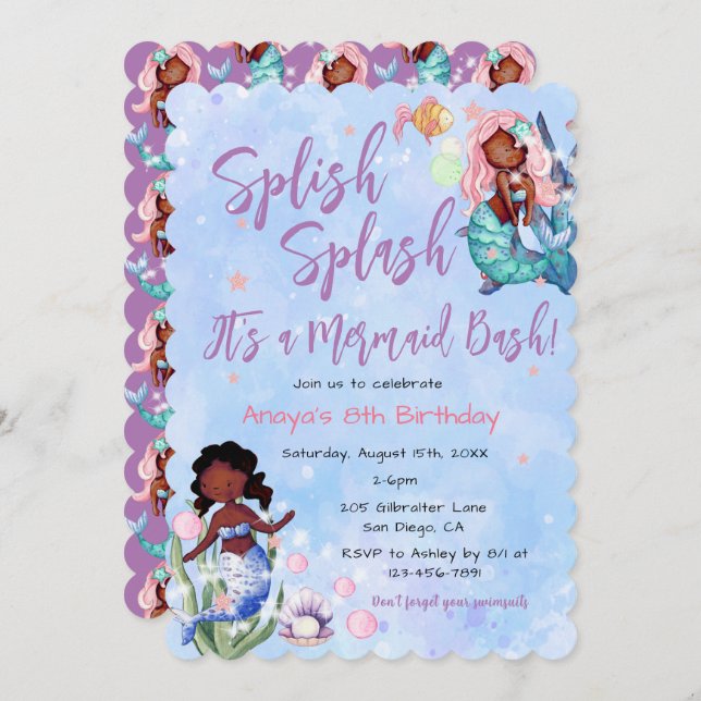 Sparkle African American Mermaid Bash Birthday  Invitation (Front/Back)