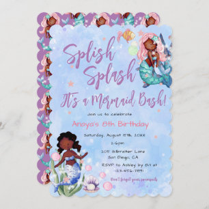 Sparkle African American Mermaid Bash Birthday Invitation
